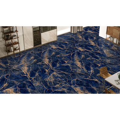 Luxor Golden Sapphire Blue Marble Effect Polished Porcelain Tile 600x1200 Job Lot